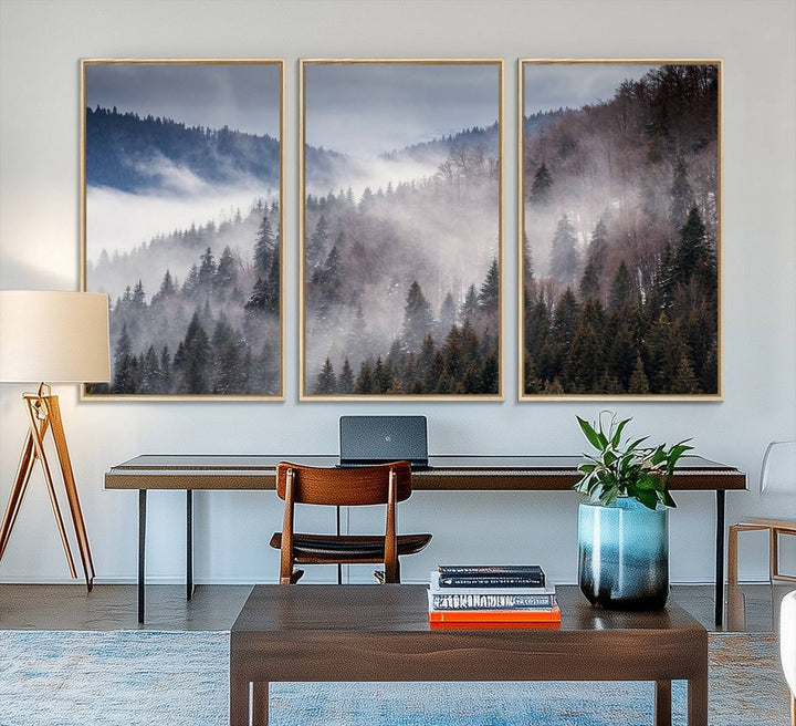 A museum-quality canvas of Beautiful Rising Fog in Winter Mountain Landscape hangs on the wall.