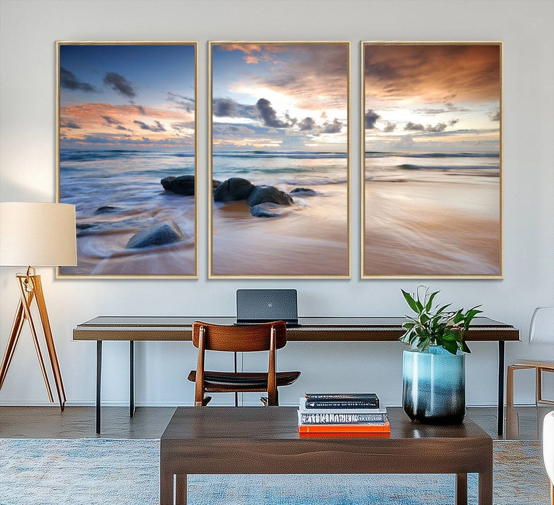 The Serene Weather On The Beach wall art canvas is ready to hang.