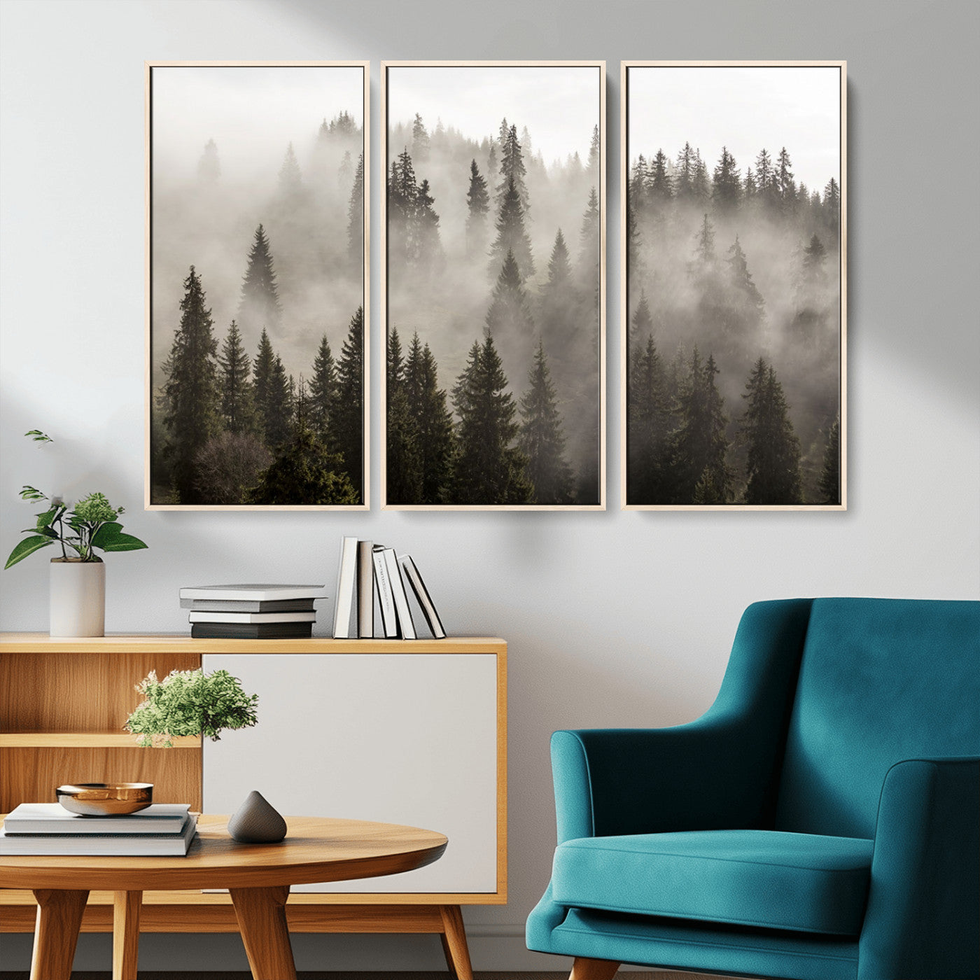 MGV-FC-48X32-3P - Foggy Mountain Wall Art | 3-Panel Foggy Forest and Mountain Landscape | Large Giclee Print for