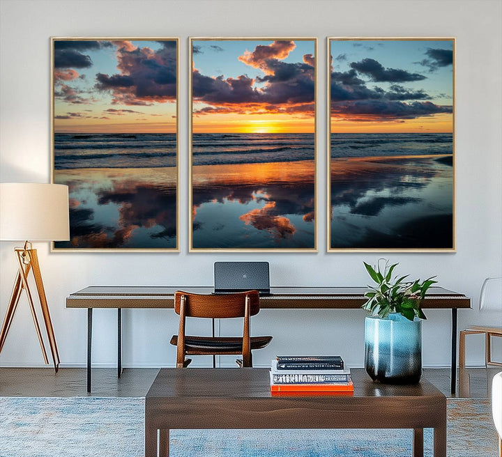 A Beach Sunset Print - Stunning Ocean Canvas Artwork adorns the wall.