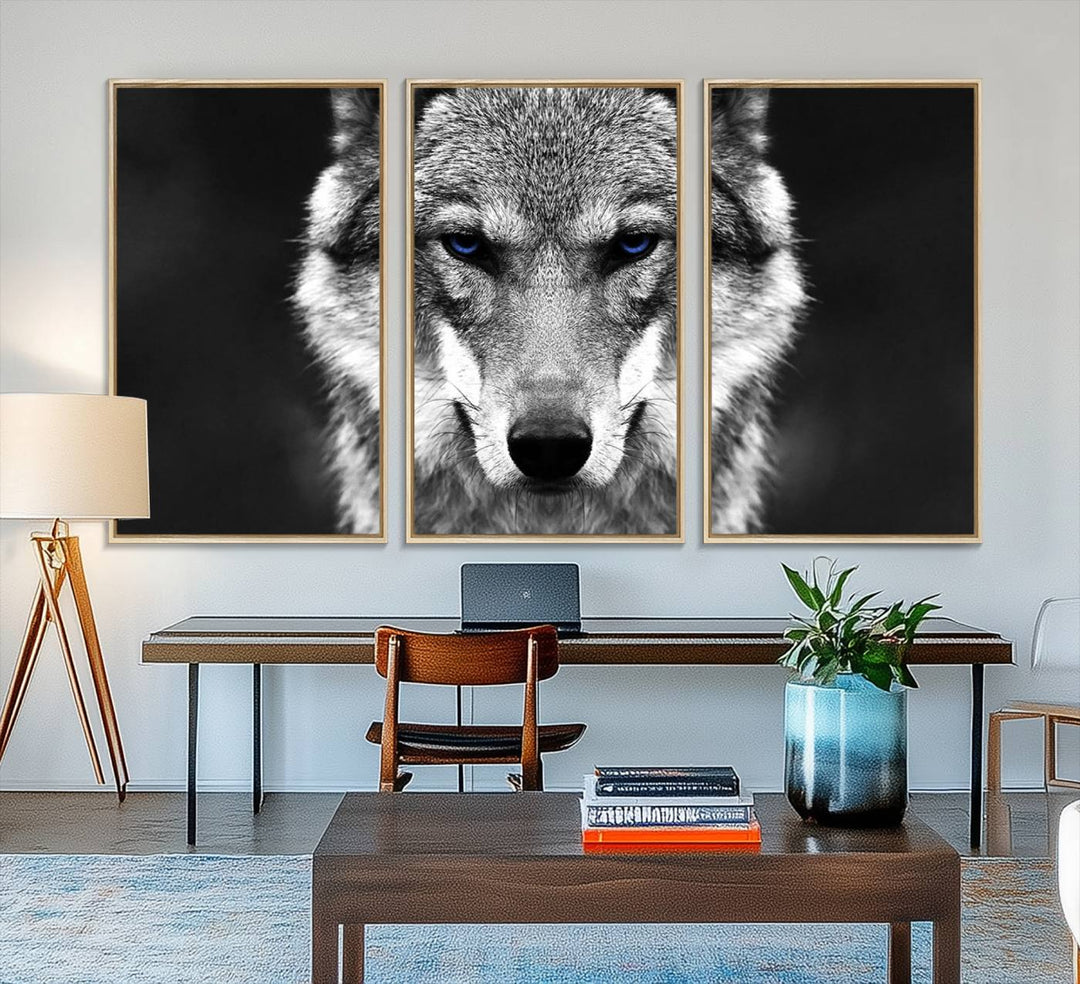 A ready-to-hang Black and White Wild Wolf Wall Art Canvas Print.