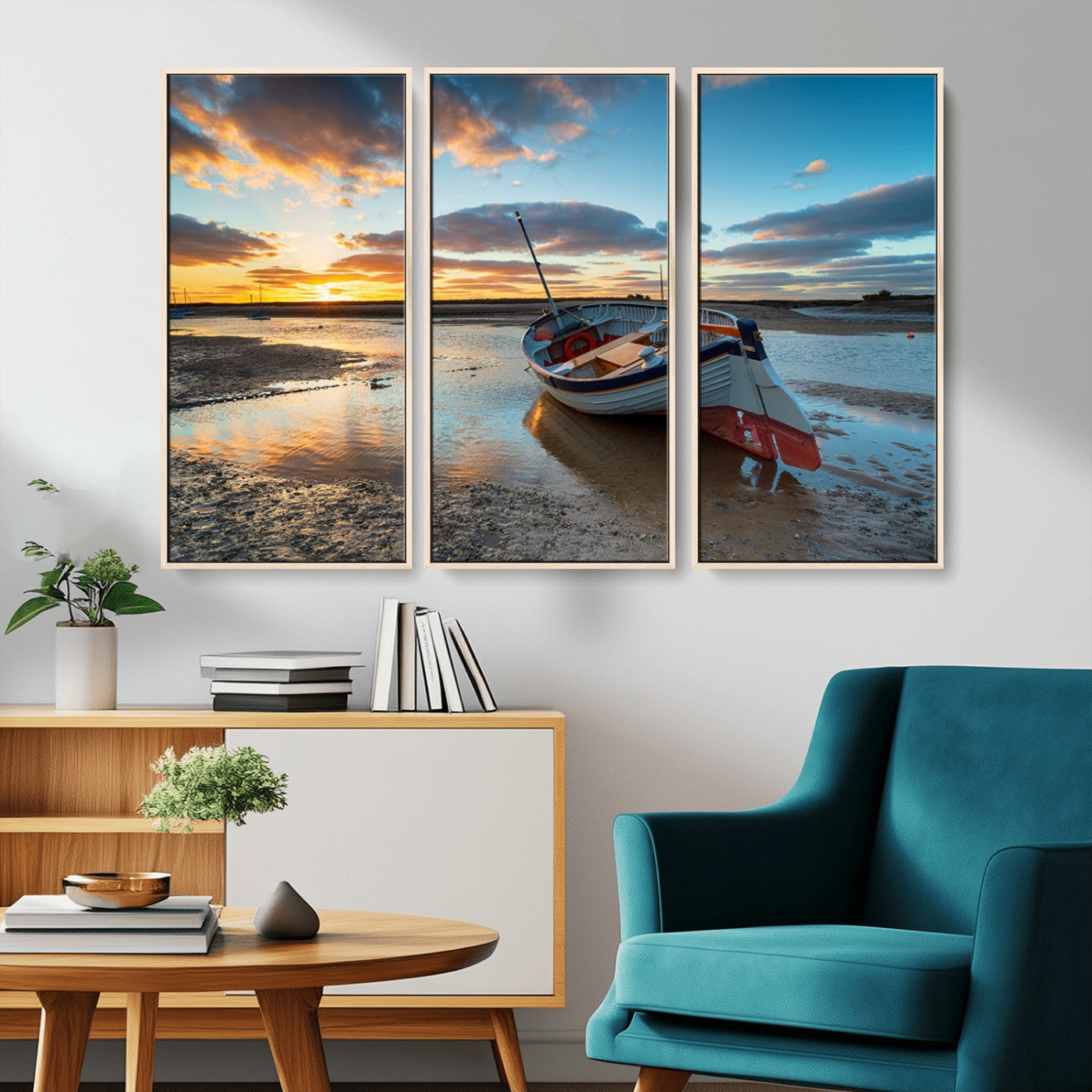 MGV-FC-48X32-3P - Small Boat At The Beach Sunset Wall Art, Boat Sunset Wall Art Canvas Print