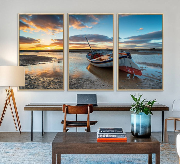 The Small Boat At The Beach Sunset wall art canvas print features UV coating, is museum-quality, and is ready to hang.