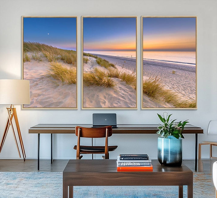 The cozy kitchen features the Sunrise On The Beach canvas art.