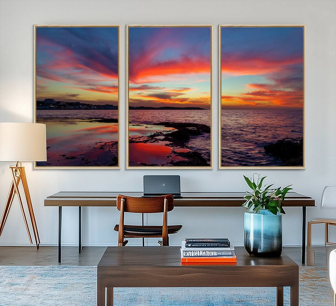 The Glorious Sunset on The Beach canvas print adorns the dining room.