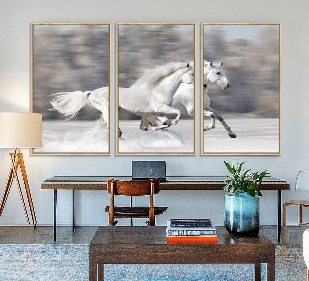 Museum-quality All The White Horses canvas print of two white horses in snow, ready to hang.