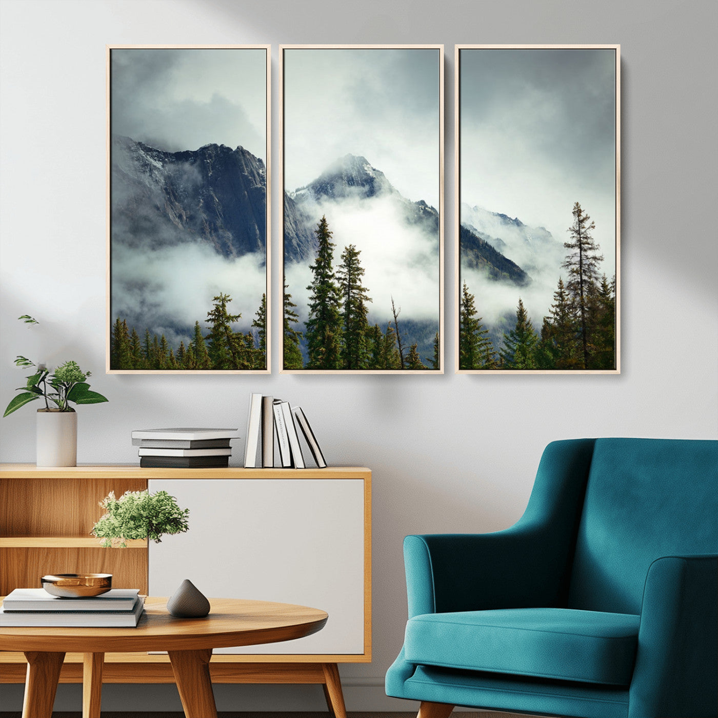 MGV-FC-48X32-3P - Mountain Mist Canvas Wall Art | 3-Panel Foggy Forest and Mountain Landscape | Large Giclee Print for Living Room, Office, or Cabin, Farmhouse Decor
