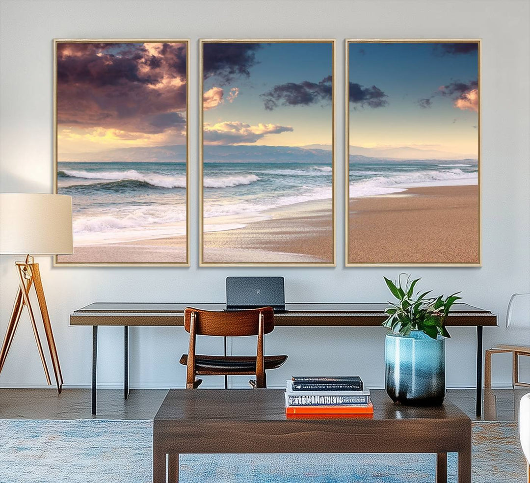 The dining area is enhanced with the Cloudy Weather Beach Sunset Canvas Print.