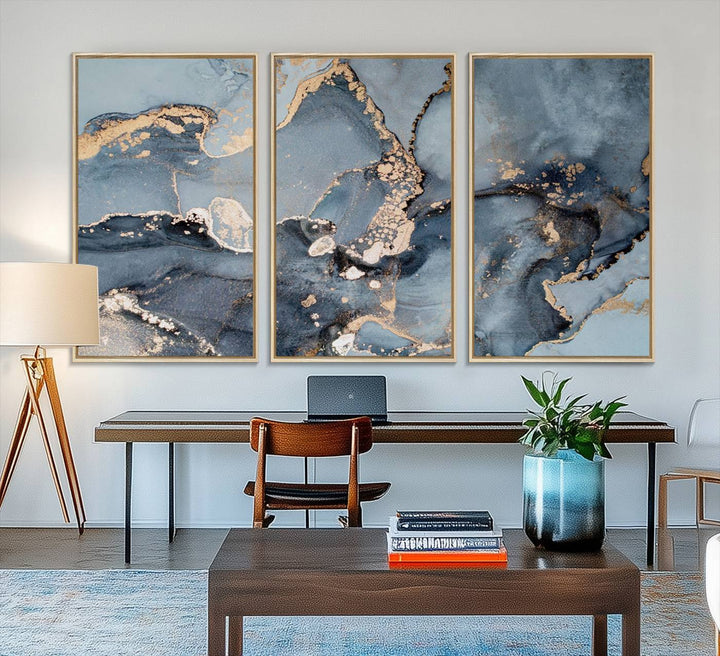 A Multipanel Marble Fluid Effect Canvas Print hangs prominently on the wall.