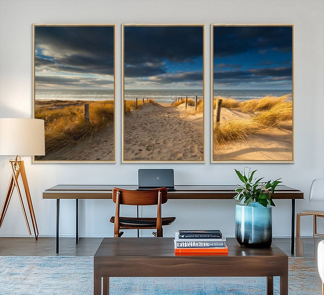 Museum-quality Ocean Beach Dark Clouds canvas print.