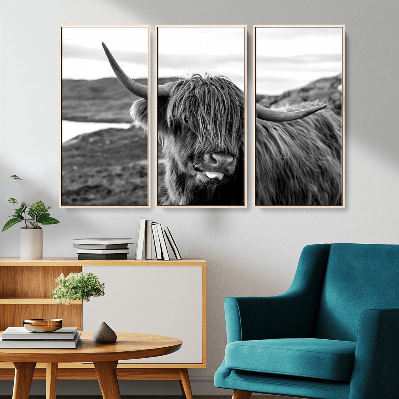 MGV-FC-48X32-3P - Highland Cow Canvas Wall Art – Black and White Animal Portrait – Framed and Ready to Hang Rustic Farmhouse Decor for Living Room or Office