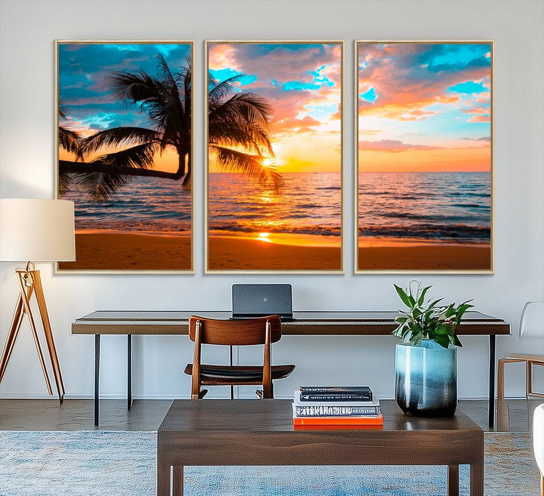 The Palm Tree Sunset On The Beach ready-to-hang canvas wall art—museum quality—brings a serene atmosphere to the room.