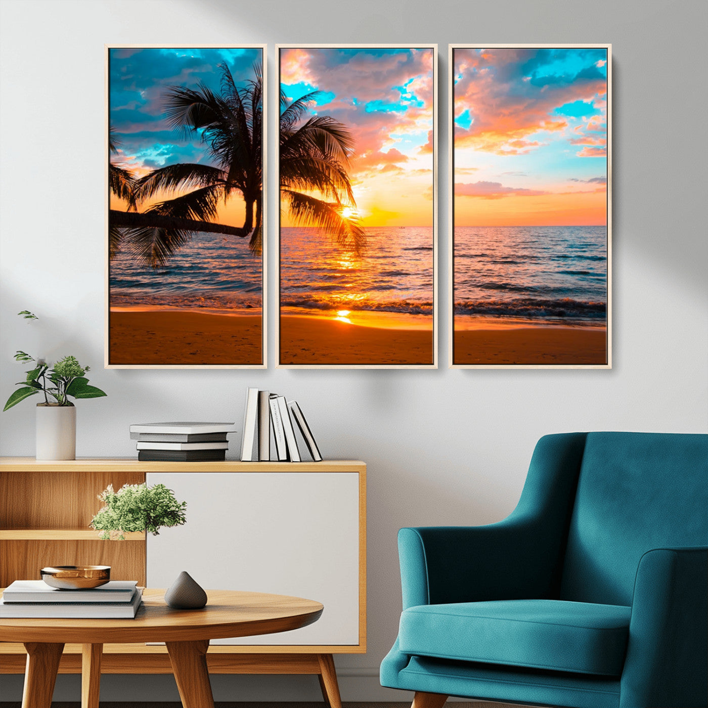 -Palm Tree Sunset On The Beach Wall Art Canvas, Framed Palm Tree Sunset Canvas Print