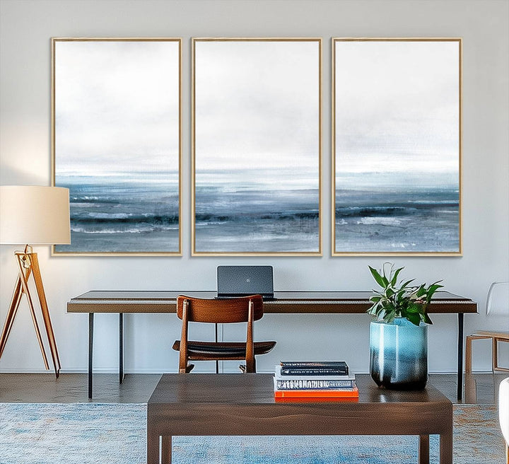 The dining area features Blue Ocean Abstract Artwork on canvas.