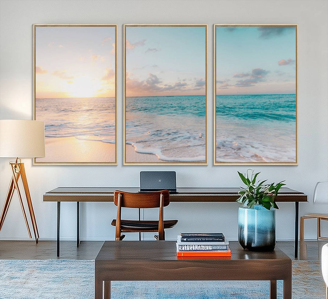 The room features a 3-panel Tranquil Ocean Beach Sunset Canvas Wall Art.