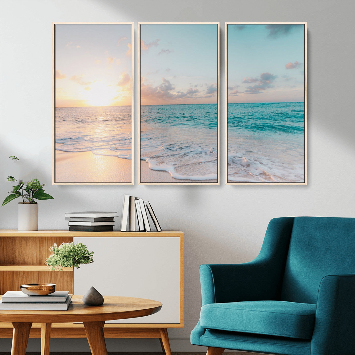 MGV-FC-48X32-3P - Tranquil Ocean Beach Sunset Canvas Wall Art | 3-Panel Coastal Decor