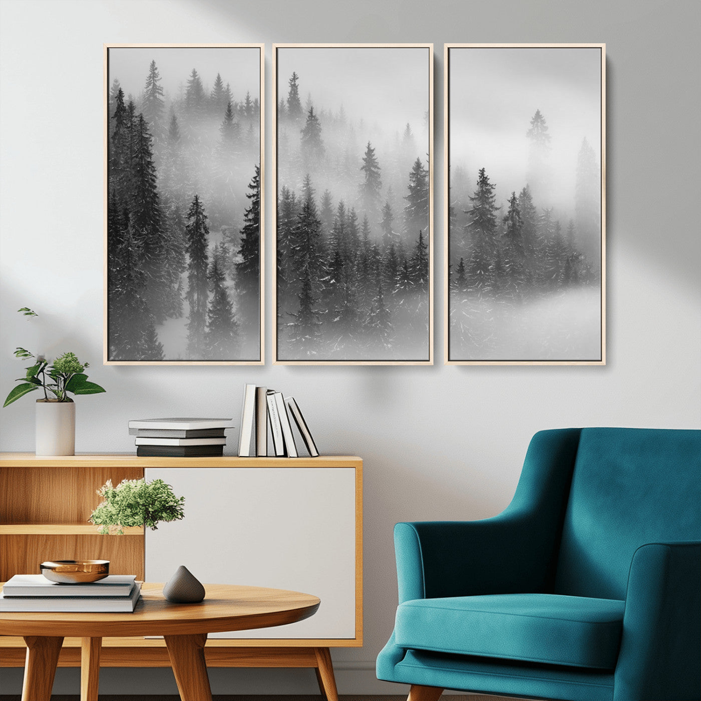 MGV-FC-48X32-3P - Black and White Forest Wall Art Print – Misty Pine Tree Canvas Print – Winter Woodland Nature Artwork – Perfect for Minimalist Home Decor