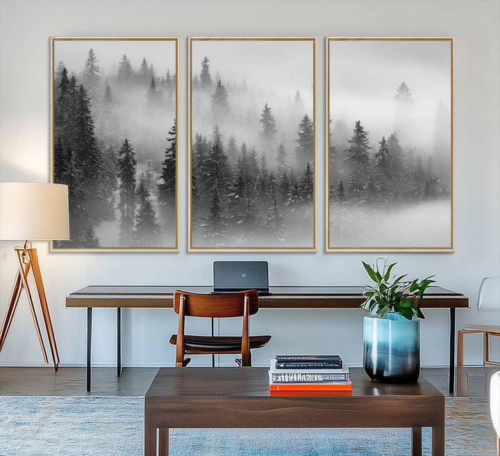 A stunning Foggy Misty Forest Canvas Wall Art adorns the kitchen wall.