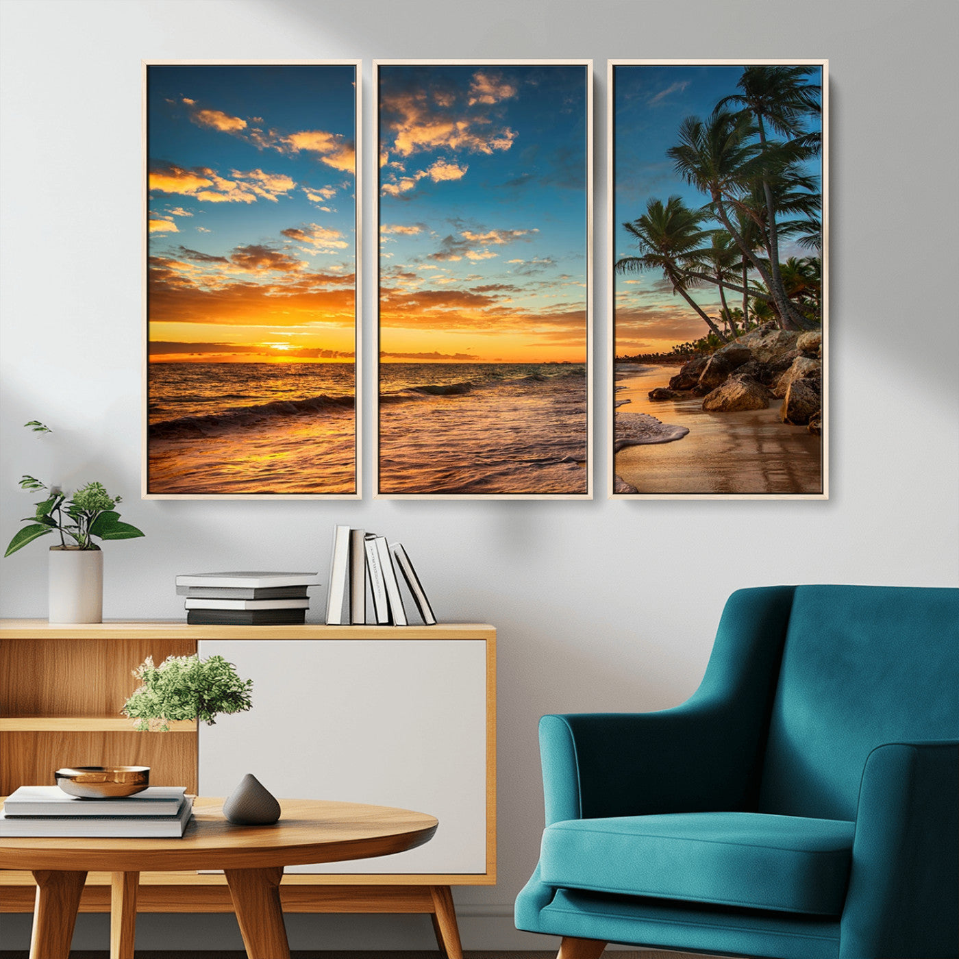 MGV-FC-48X32-3P - Tropical Beach Sunset Wall Art Print – Palm Tree Coastal Canvas Print – Ocean Seascape Artwork – Perfect for Tropical Modern Home Decor