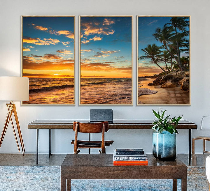 A stunning beach sunset on a museum-quality Sunset Wall Art Canvas Print adorns the kitchen wall.