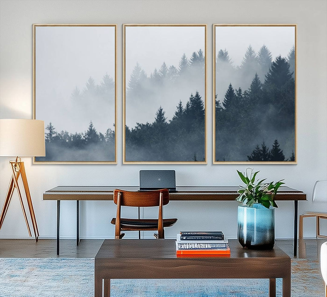 A large Foggy Pine Forest Wall Art Canvas Print.