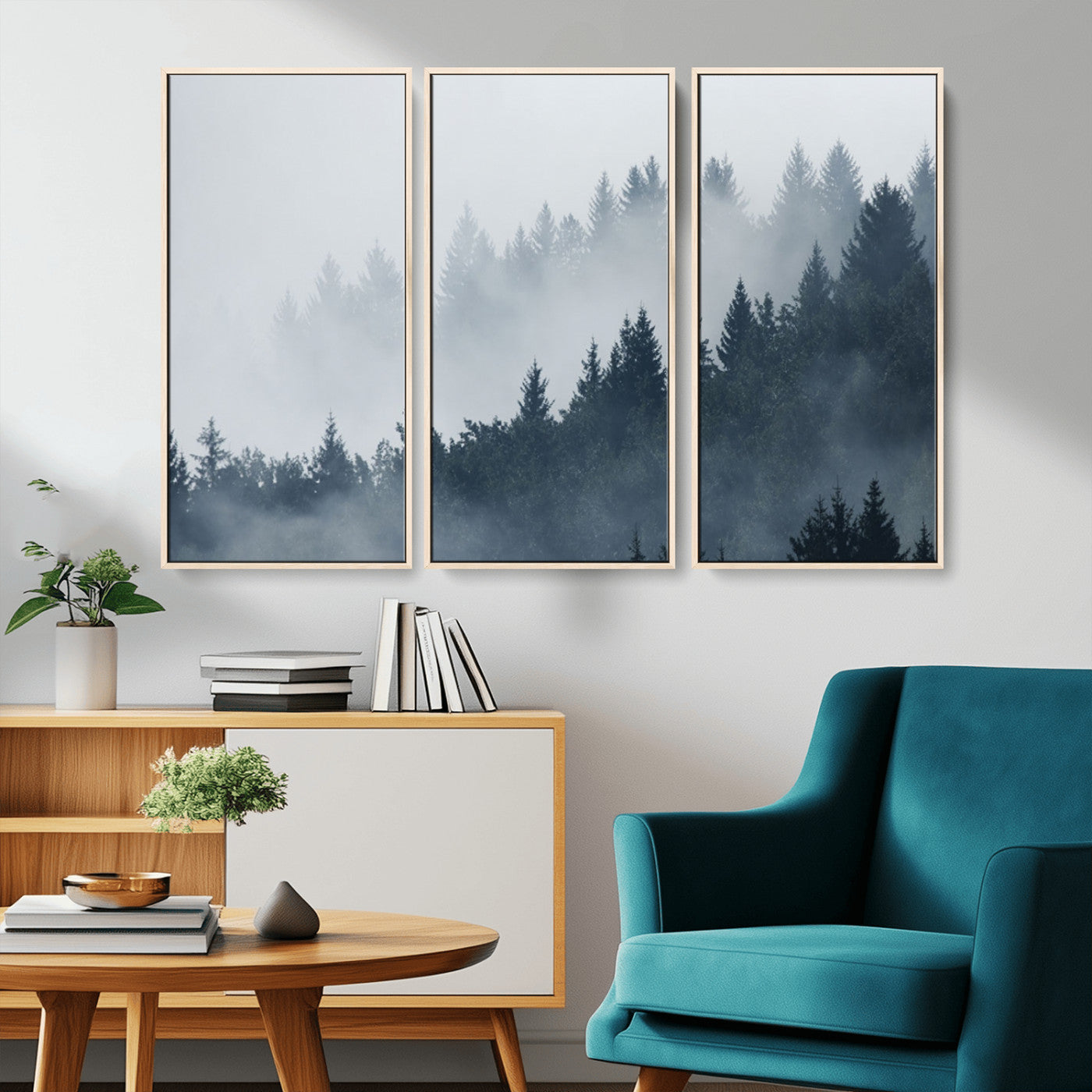 MGV-FC-48X32-3P - Misty Forest Wall Art Print – Foggy Pine Tree Canvas Print – Dark Woodland Nature Artwork – Perfect for Minimalist and Modern Home Decor