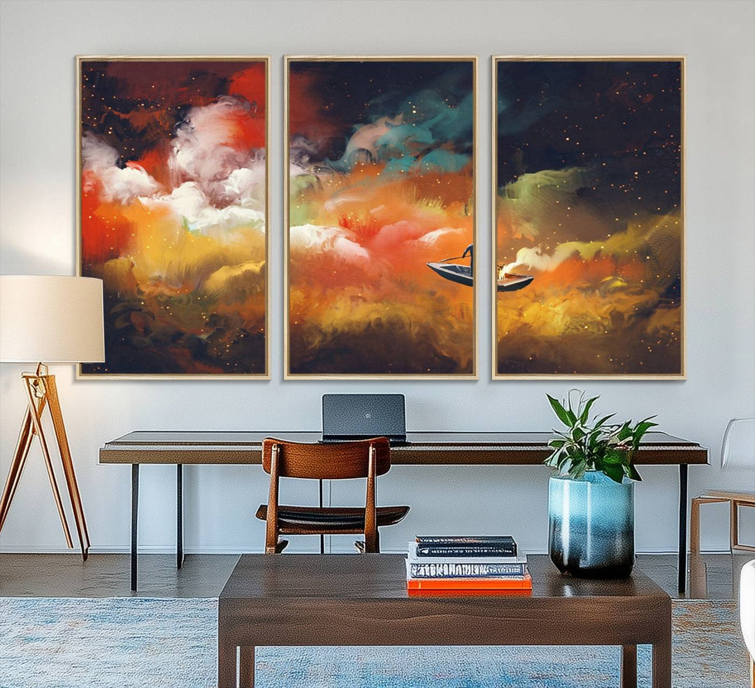 Surreal Space Adventure Canvas Wall Art features a person in a boat.