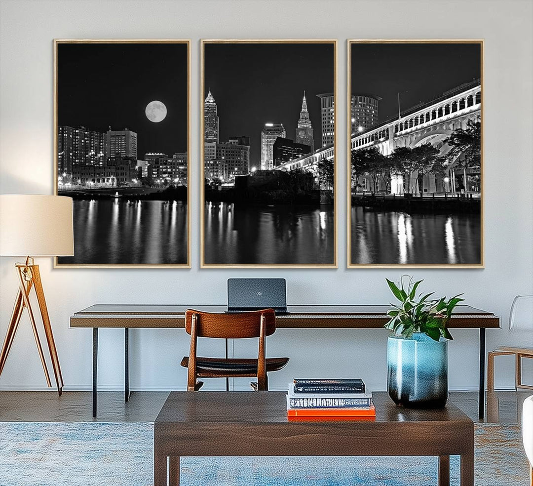 Cleveland Night Skyline Canvas Print: A museum-quality piece, ready to hang, featuring a stunning full moon and its reflections below.