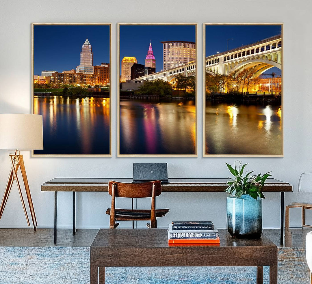 Cleveland Night Skyline Canvas: Cityscape with an illuminated bridge reflecting on calm water.