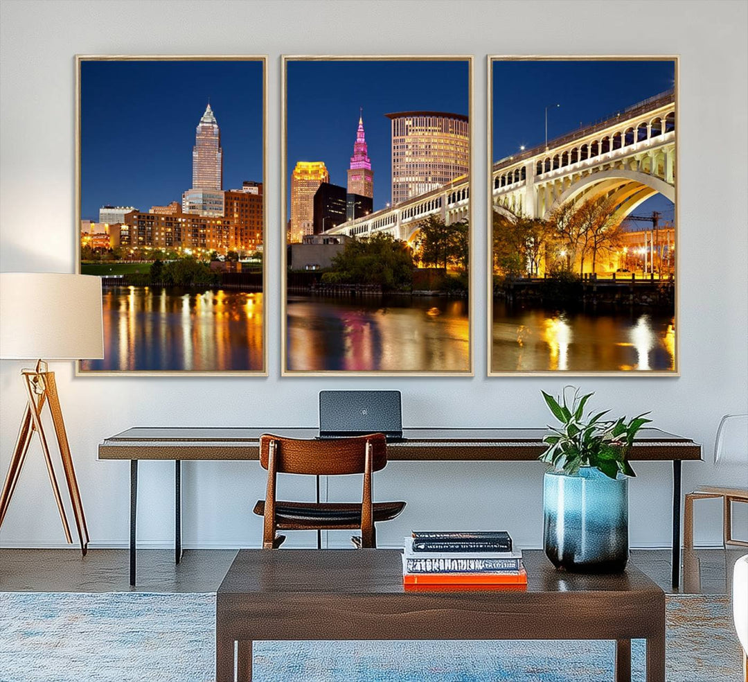 The Cleveland City Lights Canvas showcases a lit-up bridge and cityscape at night.