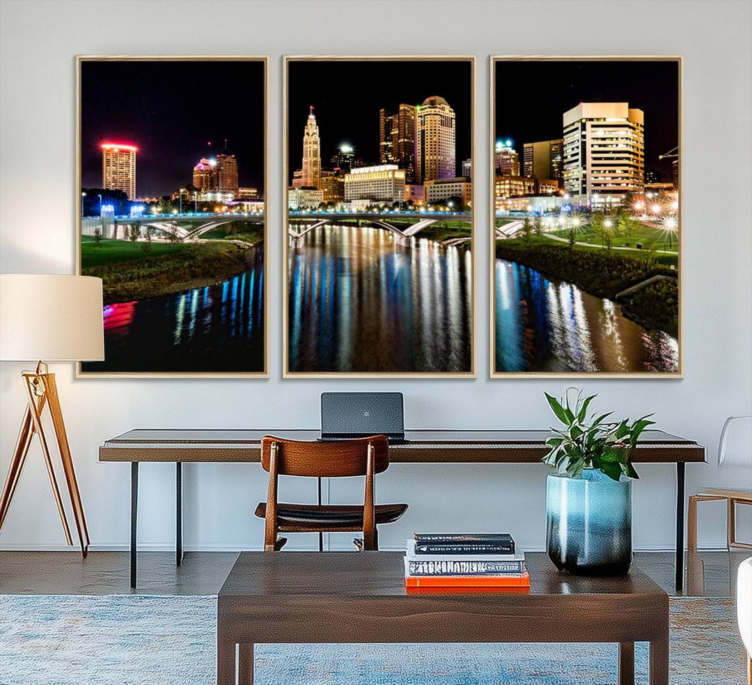 The Columbus City Lights Night Skyline Wall Art Canvas Print adorns the wall.