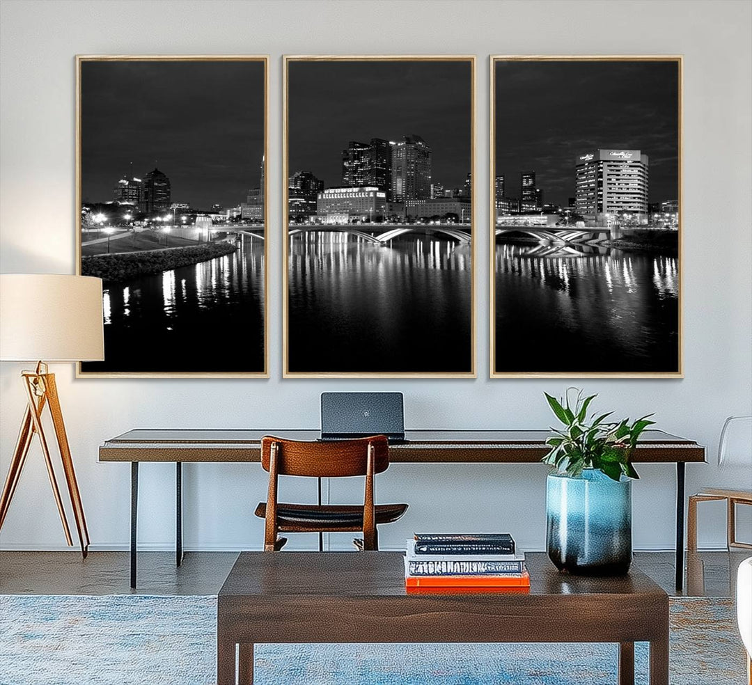 Columbus City Lights Skyline canvas print in black and white, featuring museum-quality craftsmanship and free shipping.