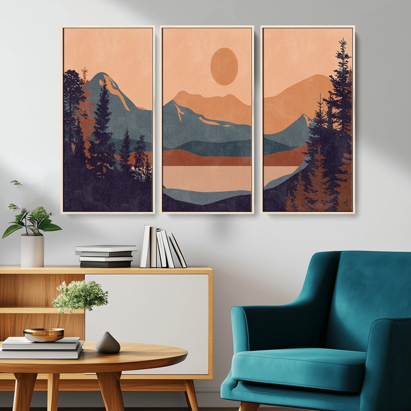 MGV-FC-48X32-3P - Modern Boho Sunset Canvas Print, Mountain Landscape Triptych – Giclée Canvas Art Print for Living