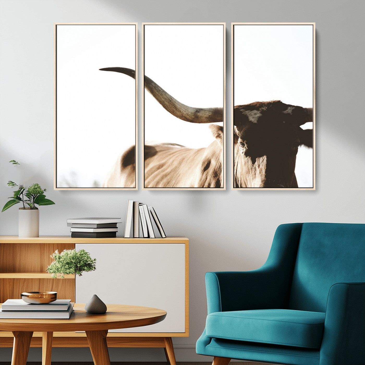 MGV-FC-48X32-3P - Texas Longhorn Wall Art Canvas Print | 3-Panel Large Longhorn Canvas Print for Living Room, Framed Gallery Wrap Office, Rustic Western Cowboy Decor