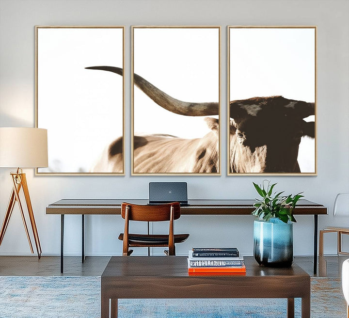 A 3-panel Texas Longhorn canvas adds a touch of rustic Western decor.