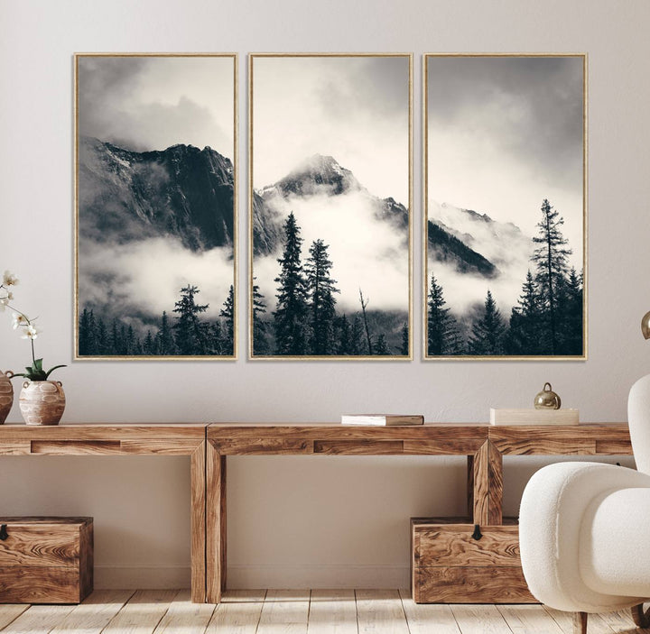 Forest Mountain Print - Black and White Canvas.