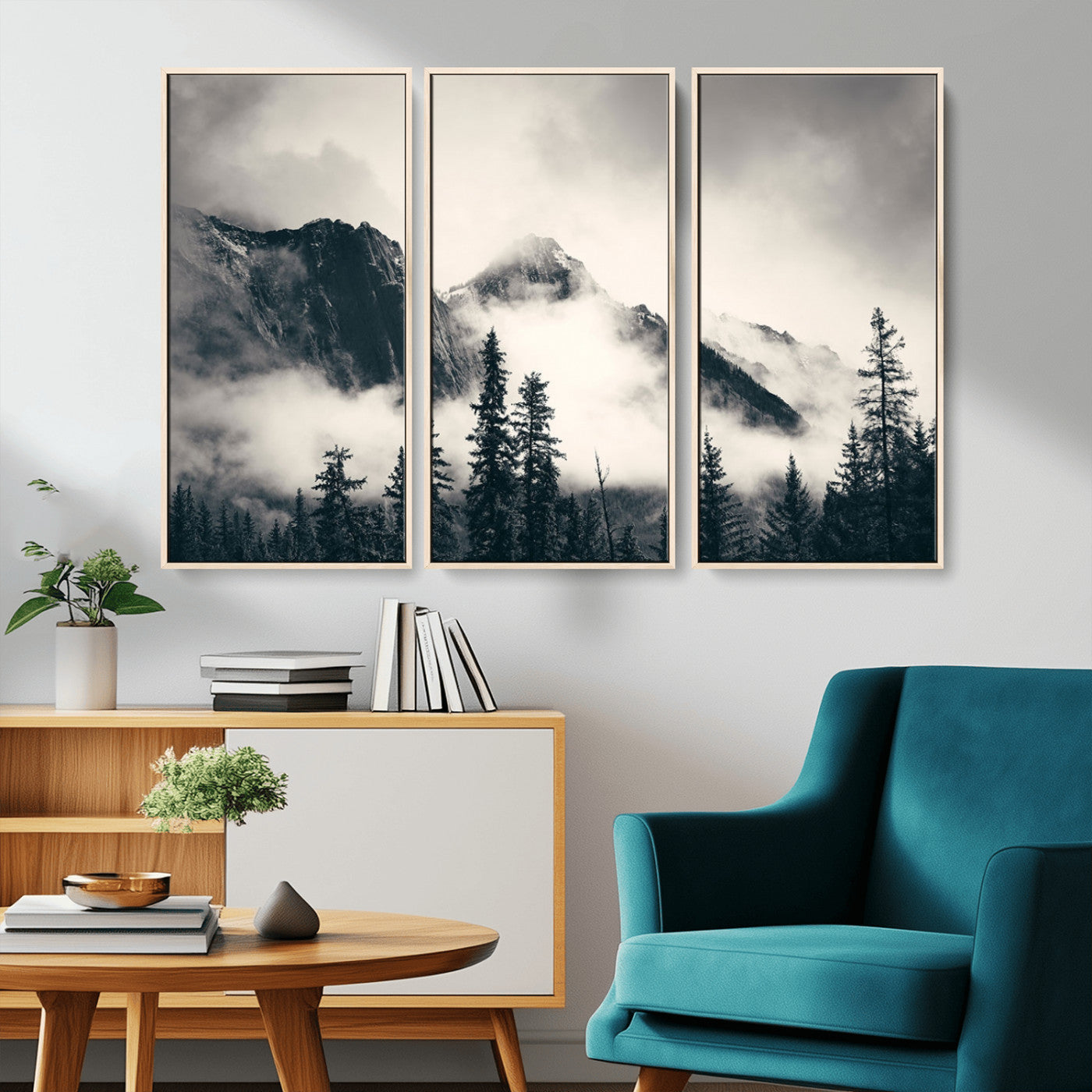 MGV-FC-48X32-3P - Large Foggy Mountain Forest Wall Art Canvas Print | Misty Mountain Peaks and Pine Trees Print | Framed Gallery Wrap | Rustic Nature Farmhouse Decor