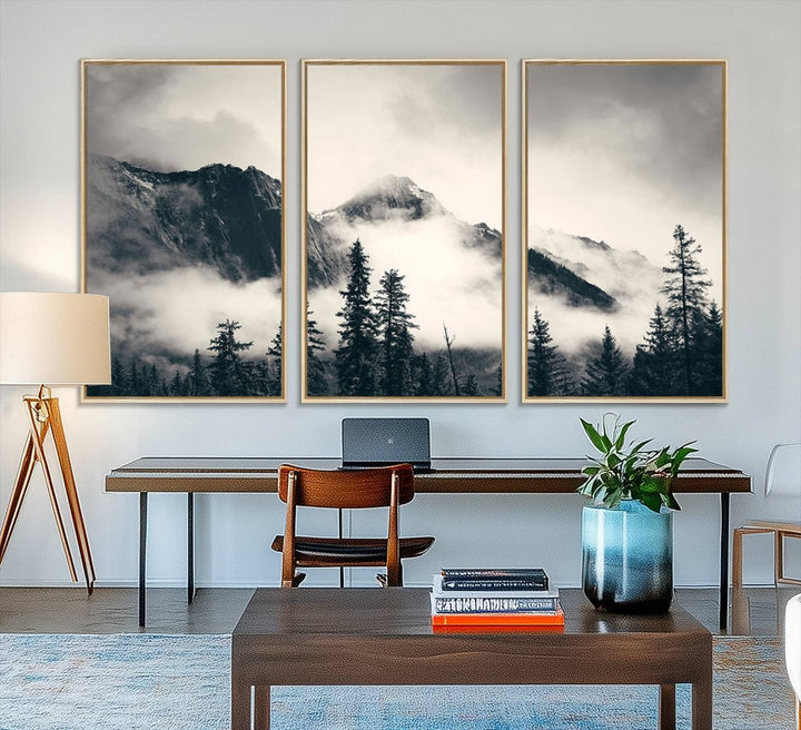 A large foggy mountain forest canvas print hangs prominently in the room.