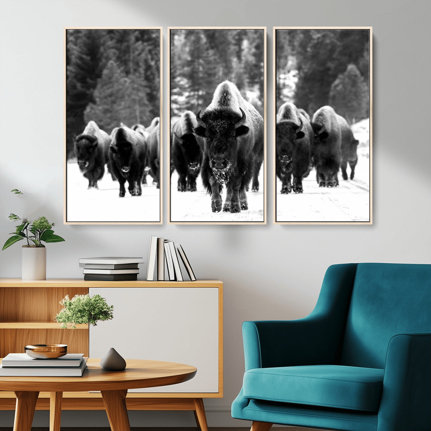 62434-MGV-CV-36X24-Bison Herd in Snow Wall Art Canvas Print | Rustic Western Bison Wall Art for Decor for Living Room,