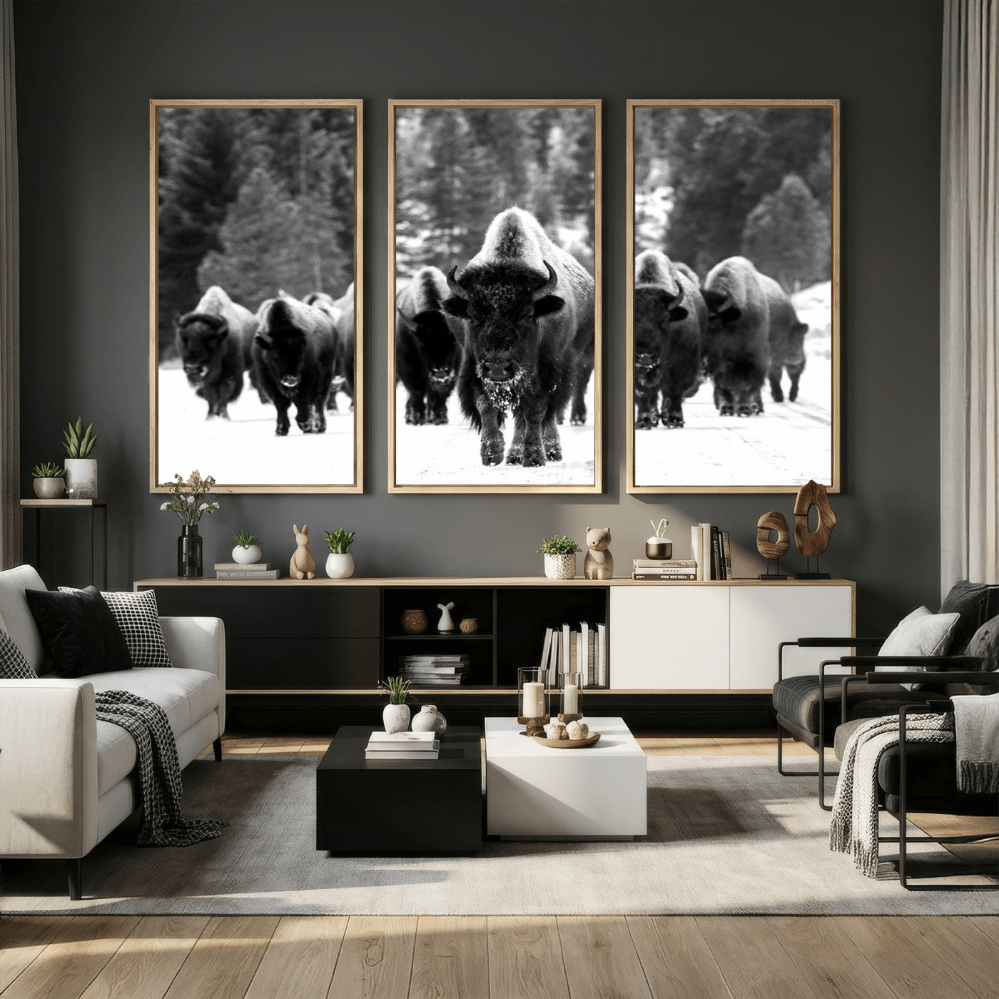 62434-MGV-CV-36X24 - Bison Herd in Snow Wall Art Canvas Print | Rustic Western Bison Wall Art for Decor for Living Room,