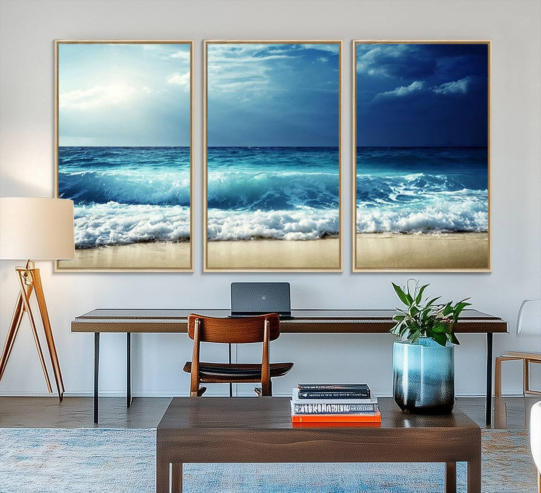 The Majestic Ocean Wave Wall Art Canvas, a 3-panel seascape print, is featured prominently.