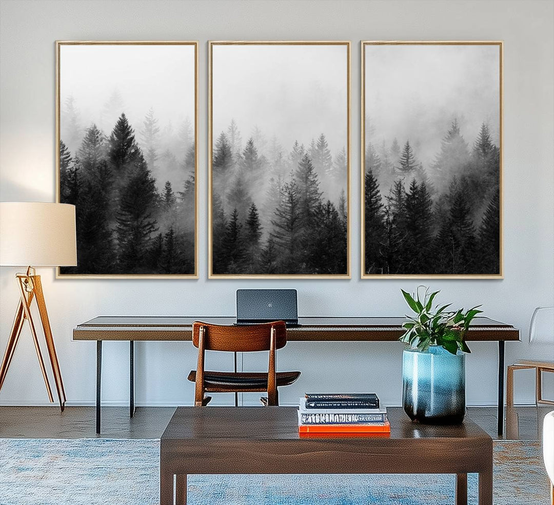 The Foggy B&W Forest Wall Art, featuring pine trees, enhances the minimalist kitchen ambiance.