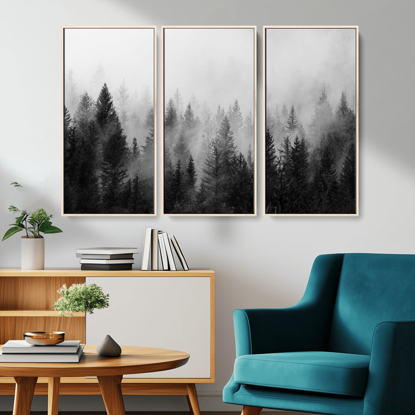 MGV-FC-48X32-3P - Foggy Black and White Forest Wall Art, 3 Panel Misty Pine Trees Canvas Print for Living Room, Office, or Bedroom, Nature-Inspired Woodland Wall Decor