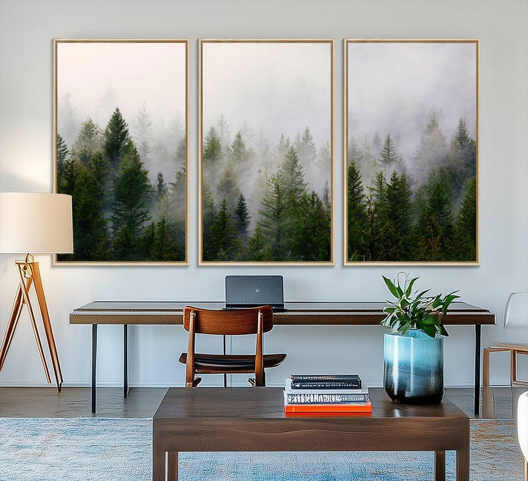 Misty Pine Forest Canvas Print serves as a foggy forest decor piece in the kitchen.