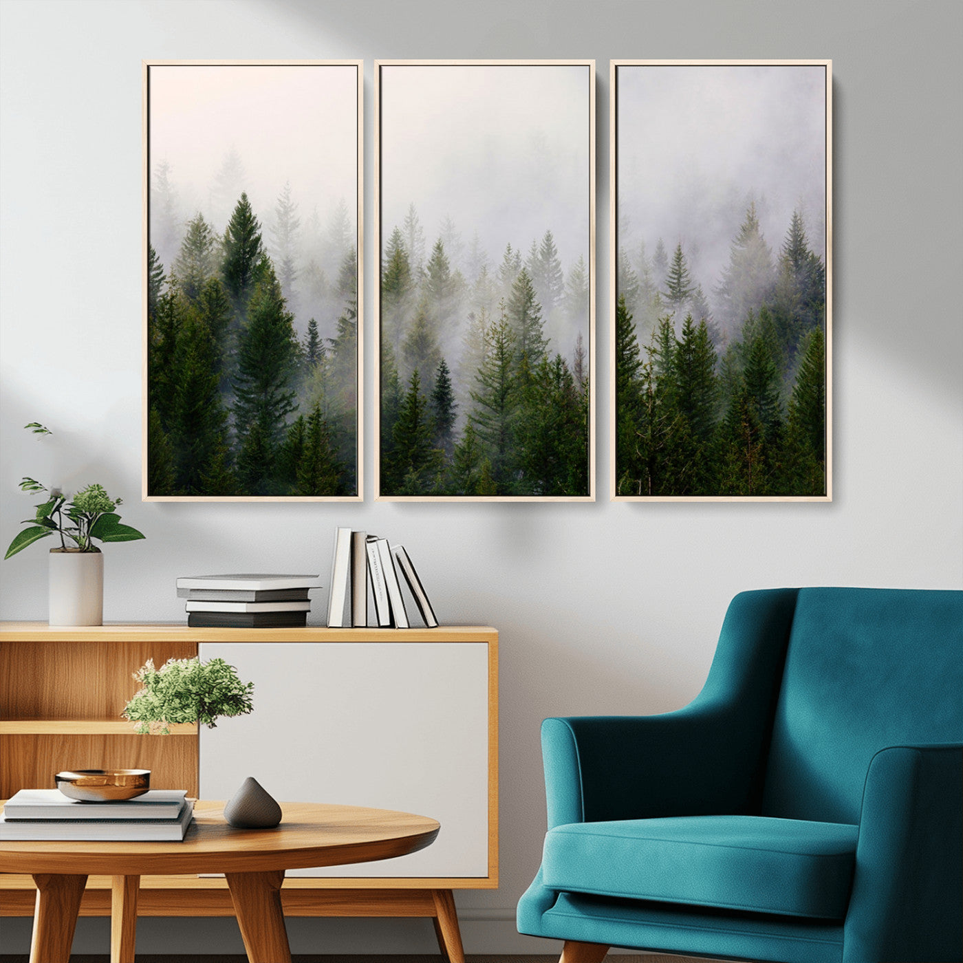 MGV-FC-48X32-3P - Misty Pine Forest Wall Art Canvas Print | 3 Panel Green Woodland Canvas Print for Living Room, Office, or Dining Room | Nature Foggy Forest Decor