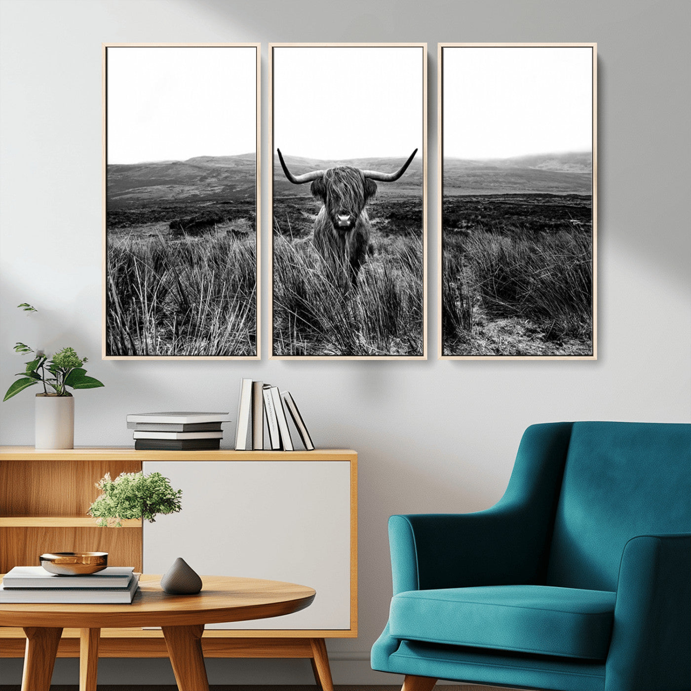 MGV-FC-48X32-3P - Black and White Highland Cow Canvas Wall Art, Longhorn Triptych Western Wall Decor for Cabin -