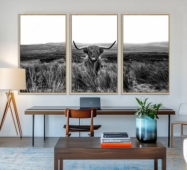 Dining room featuring a Black and White Highland Cow Canvas for a Western-themed decor.