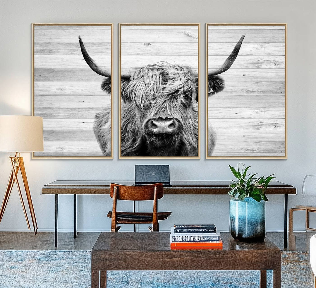 Scottish Highland Cow Cattle Art adds rustic farmhouse charm to the space.