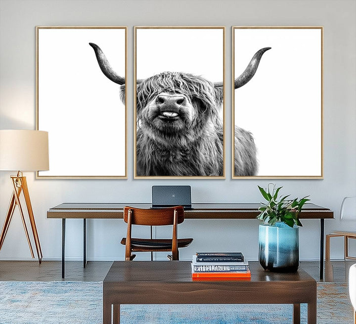 The Fanny Highland Cow art print decorates the modern kitchen, featured in black and white.