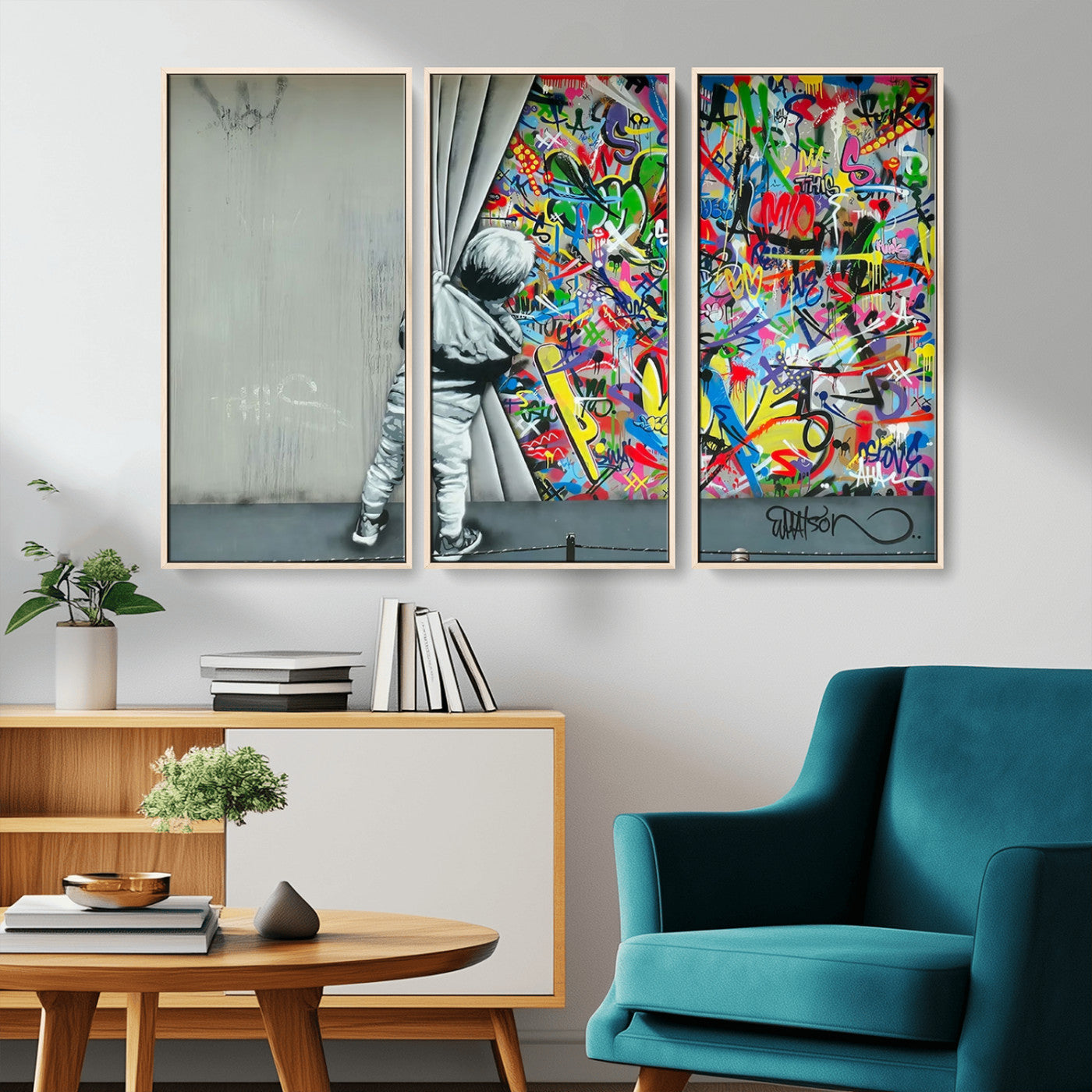 MGV-FC-48X32-3P - Banksy Colorful Street Graffiti Canvas Wall Art Print, Modern Art Triptych, Child and Graffiti Wall, Urban Art for Home or Office Decor